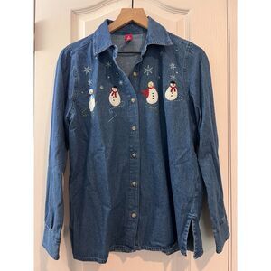 Snowman Denim Long Sleeve Button Up Shirt Christmas Holiday Women's Size S